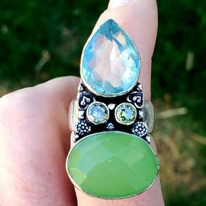 New Huge Blue Topaz & Citrine 925 Silver Statement Ring.